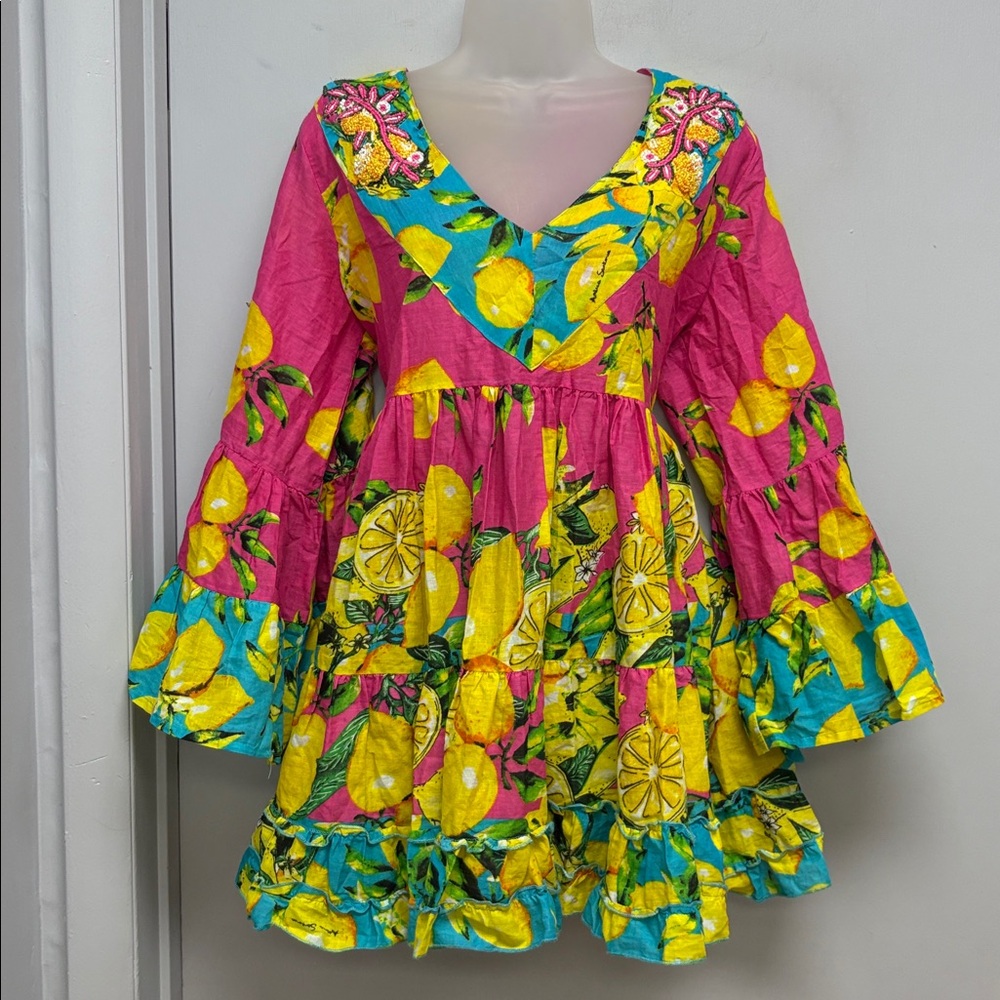 Antica Sartoria by Giacomo Cinque Lemon Print Tiered Tunic Dress – One Size